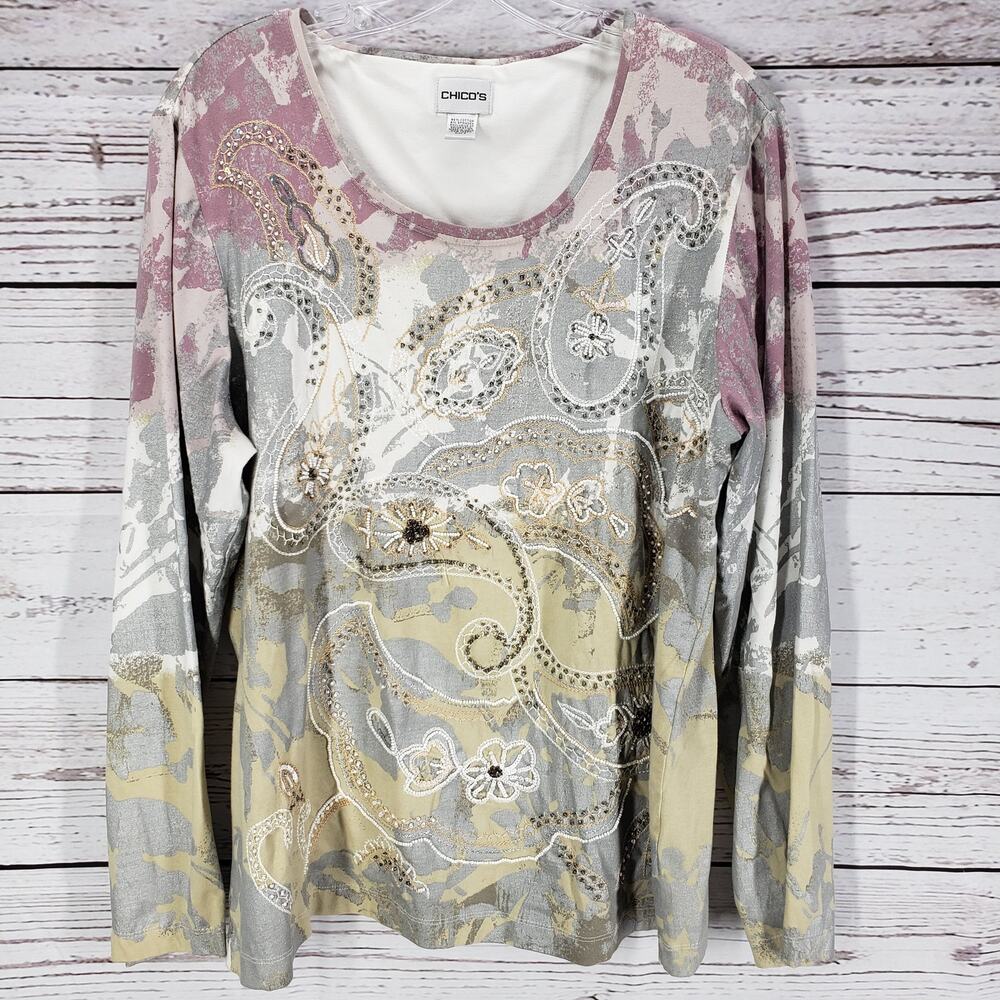 Chico's Multicolor Sequins Beaded Paisley Long Sleeve Top Size 3